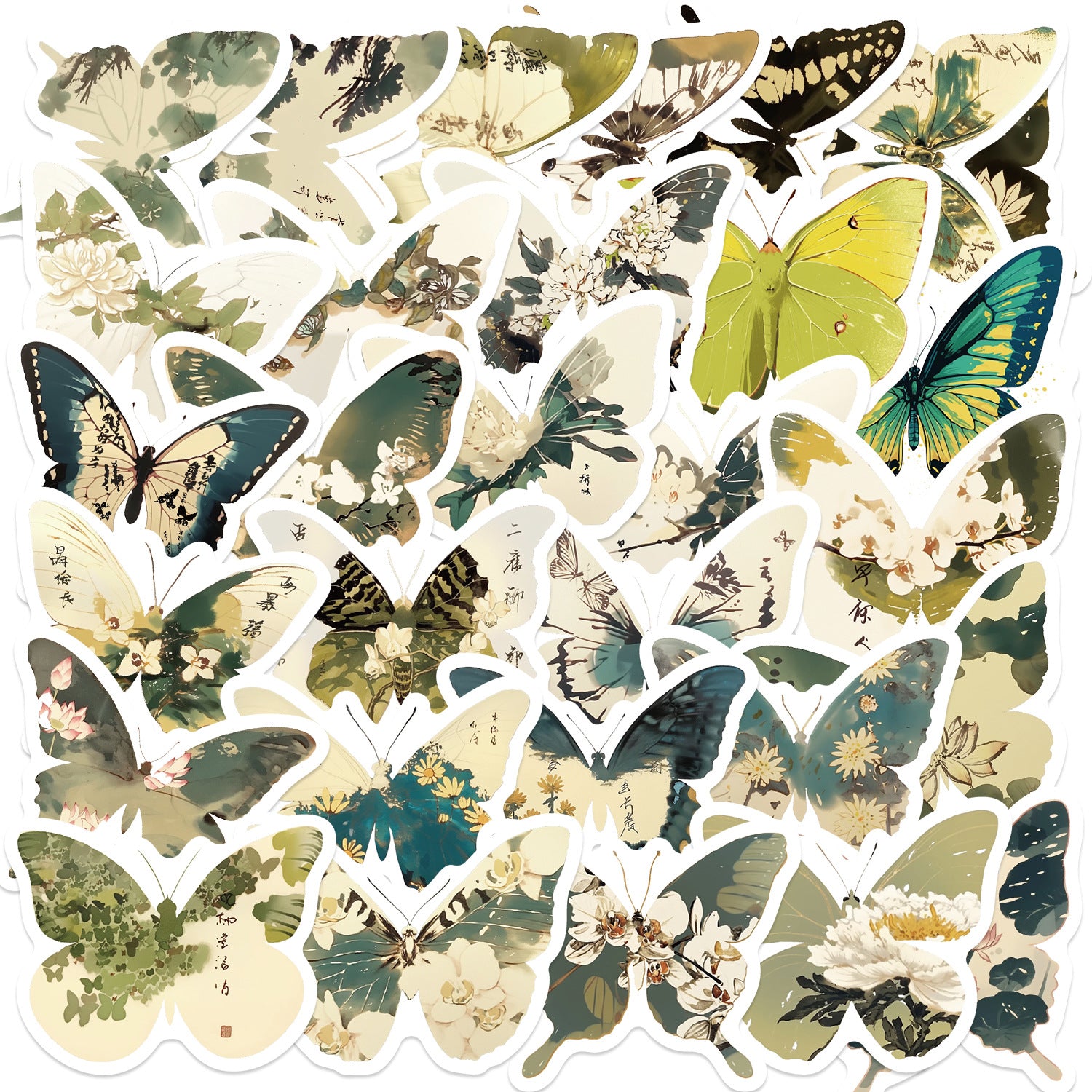 🦋🎨50pcs Ink-Style Butterfly Stickers Book | Waterproof PET Oriental Art Stickers for Journals, Notebooks, Water Cups ☕ & DIY Crafts Kawaii Stickers