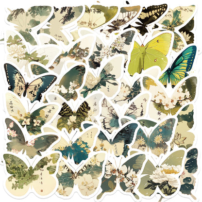 🦋🎨50pcs Ink-Style Butterfly Stickers Book | Waterproof PET Oriental Art Stickers for Journals, Notebooks, Water Cups ☕ & DIY Crafts Kawaii Stickers