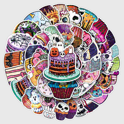 🎃 50 Pcs Halloween Holographic Stickers – Skulls, Cakes & DIY Fun Kawaii Stickers