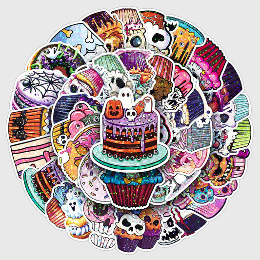 🎃 50 Pcs Halloween Holographic Stickers – Skulls, Cakes & DIY Fun Kawaii Stickers