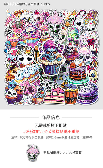 🎃 50 Pcs Halloween Holographic Stickers – Skulls, Cakes & DIY Fun Kawaii Stickers