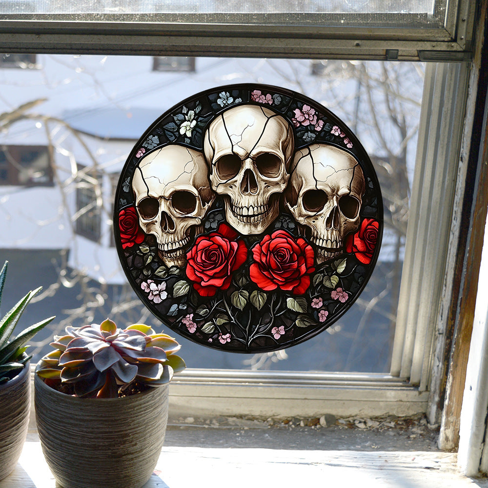 🎃 Halloween Round Skull & Rose Static Window Stickers – No Glue, Just Static Magic 🌹💀 Kawaii Stickers