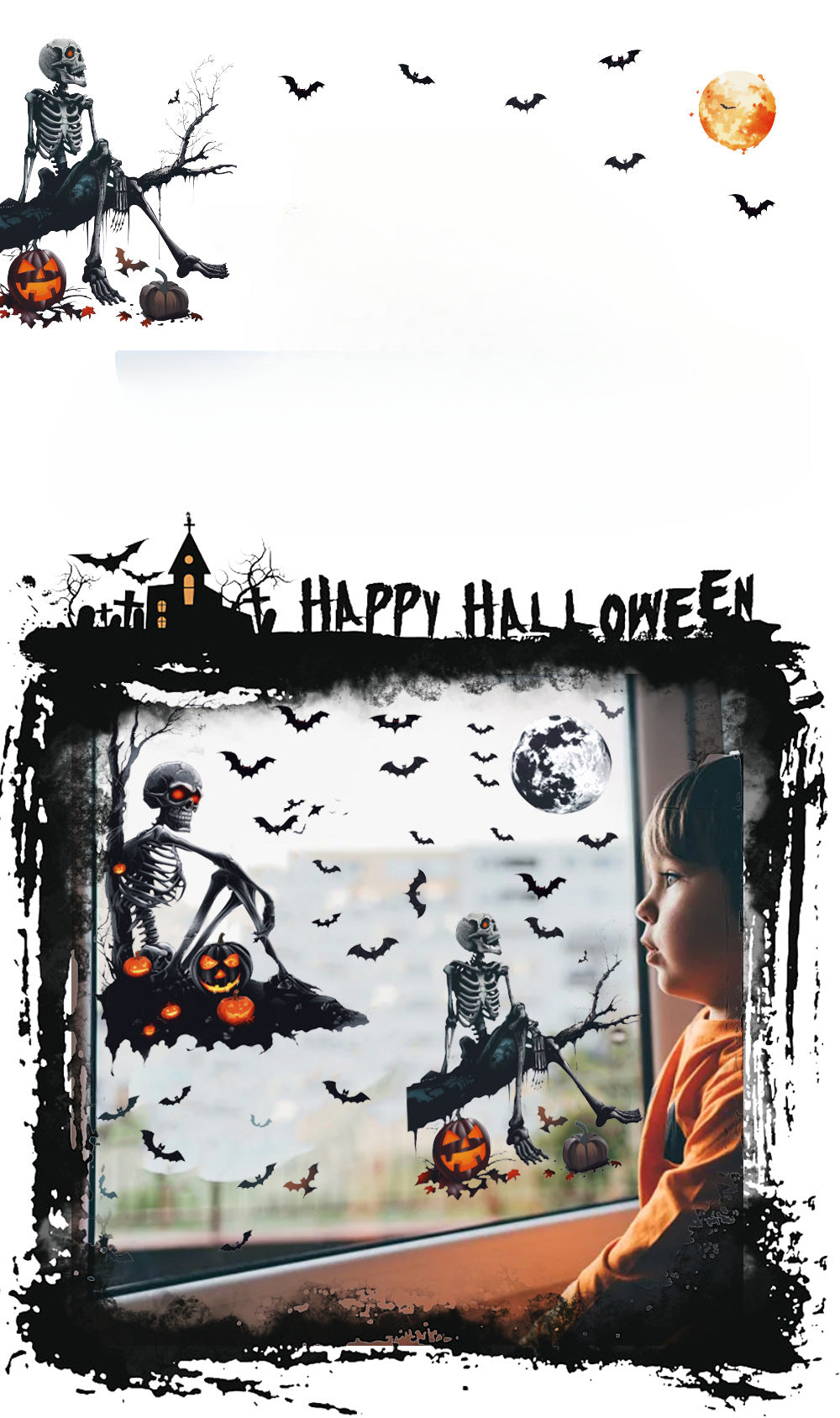💀 Halloween Window Stickers – Black Skull & Pumpkins 🕷️🎃 Kawaii Stickers