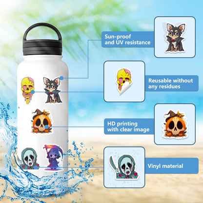 50pcs Halloween Stickers – Skulls, Pumpkins, Witches, Grim Reapers, Black Cats & Cute Doodle Decals Kawaii Stickers