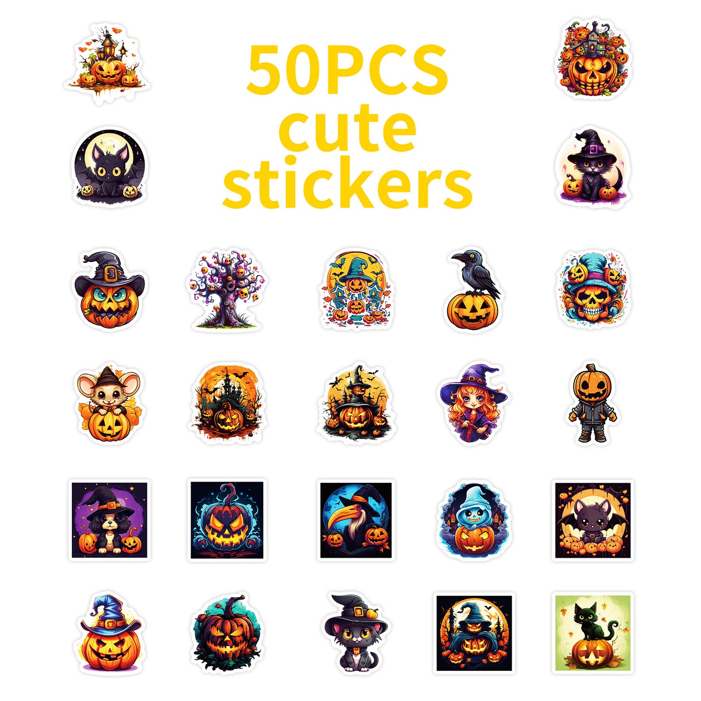 50pcs Halloween Pumpkin & Witch Stickers – Spooky Skull, Black Cat & Horror Doodle Decals Kawaii Stickers