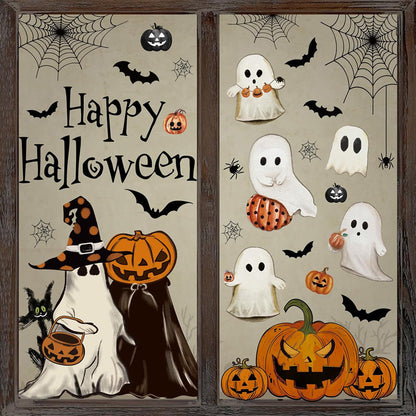 Happy Halloween Window Stickers – Ghosts, Pumpkins & Bats – Static-Cling PVC Wall & Glass Decals for Spooky Home Party Décor 👻🕷️🌙 Kawaii Stickers