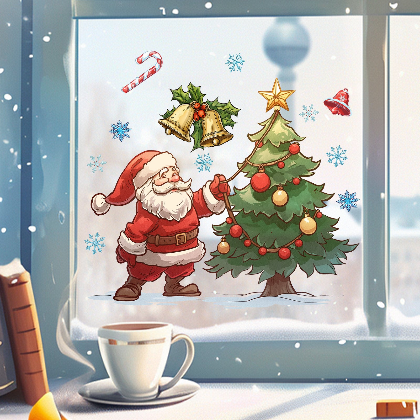 🎅 Large Cartoon Santa Claus Christmas Wall Stickers – Festive Reindeer & Christmas Tree Design 🎄✨ Kawaii Stickers