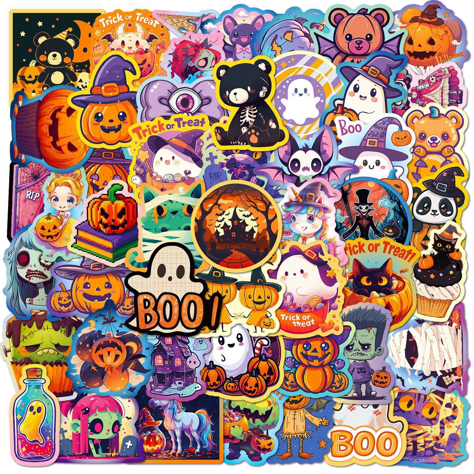 50pcs Halloween Graffiti Stickers – Dark Cute Ghost, Pumpkin, Bat & Castle Vinyl Decals for DIY, Luggage, Laptop & Water Bottles Kawaii Stickers