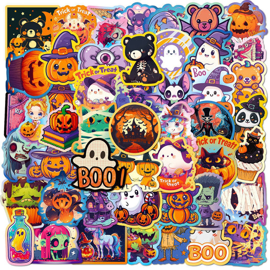 50pcs Halloween Graffiti Stickers – Dark Cute Ghost, Pumpkin, Bat & Castle Vinyl Decals for DIY, Luggage, Laptop & Water Bottles Kawaii Stickers