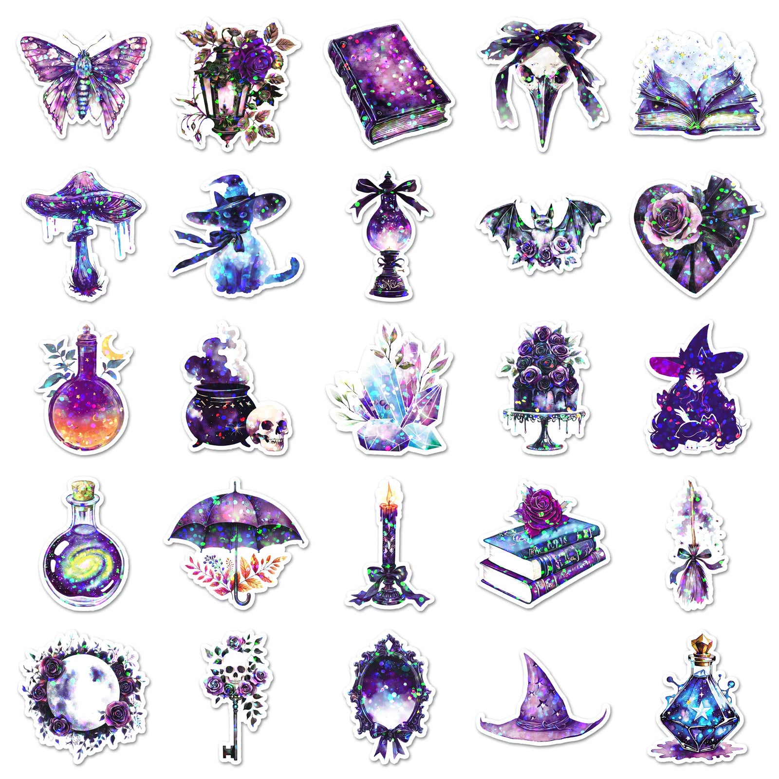 ✨ 50 pcs Holographic Stickers Halloween Witch Stickers – Magic Laser PVC Waterproof Set ✨🎃🧙‍♀️ Kawaii Stickers