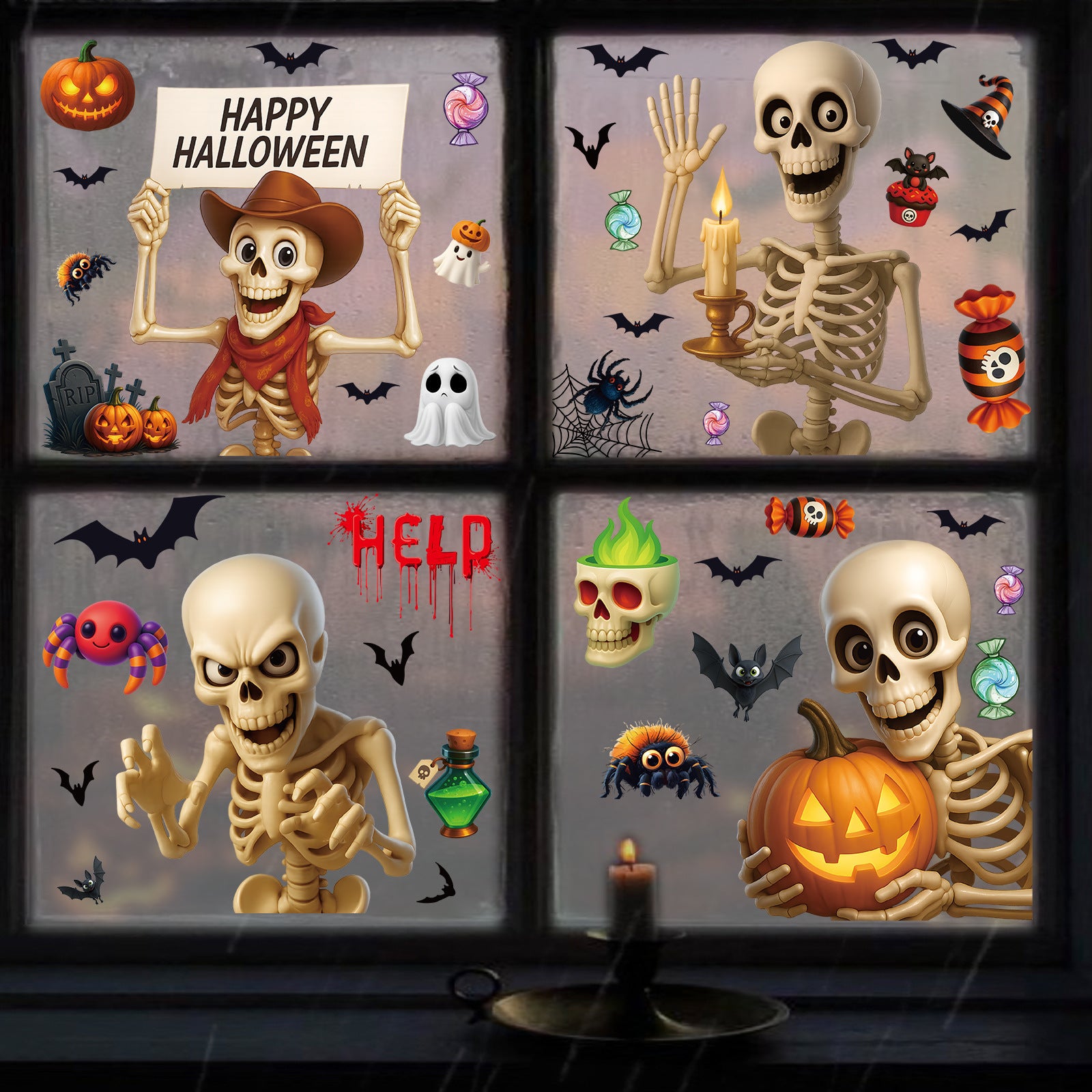 💀 Halloween Skull & Pumpkin Glass Window Stickers – Spooky Fun Decor 🎃 BQ602+604+606+608 Kawaii Stickers