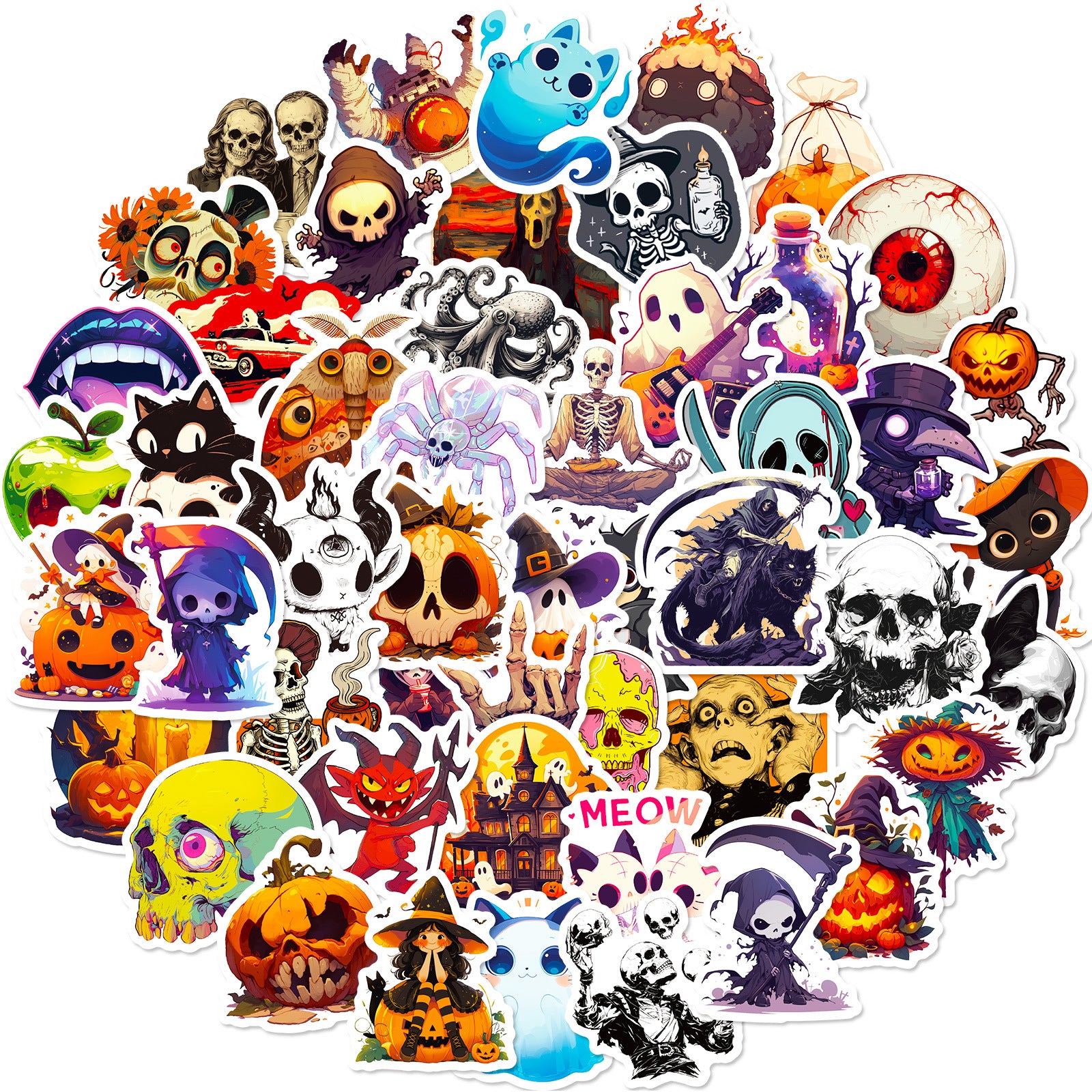 🎃 50 Halloween Stickers – Skulls, Pumpkins, Witches, Grim Reapers & Black Cats 🖤 Kawaii Stickers