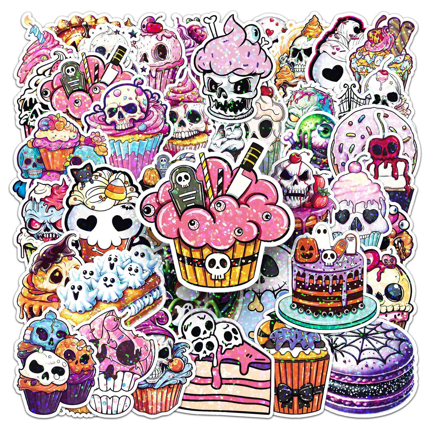 🎃 50 Pcs Halloween Holographic Stickers – Skulls, Cakes & DIY Fun Kawaii Stickers
