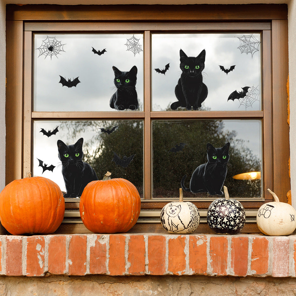 🎃 Halloween Window Stickers – Black Cats with Green Eyes & Flying Bats 👀🐱🦇 Kawaii Stickers