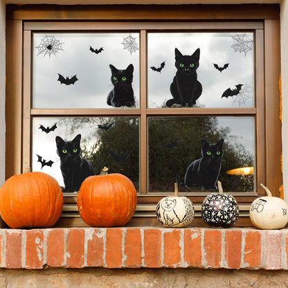 🎃 Halloween Window Stickers – Black Cats with Green Eyes & Flying Bats 👀🐱🦇 Kawaii Stickers