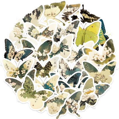 🦋🎨50pcs Ink-Style Butterfly Stickers Book | Waterproof PET Oriental Art Stickers for Journals, Notebooks, Water Cups ☕ & DIY Crafts Kawaii Stickers