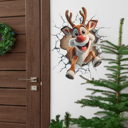 🦌 3D Break-Through Reindeer Christmas Wall Stickers – Self-Adhesive PVC Kawaii Stickers