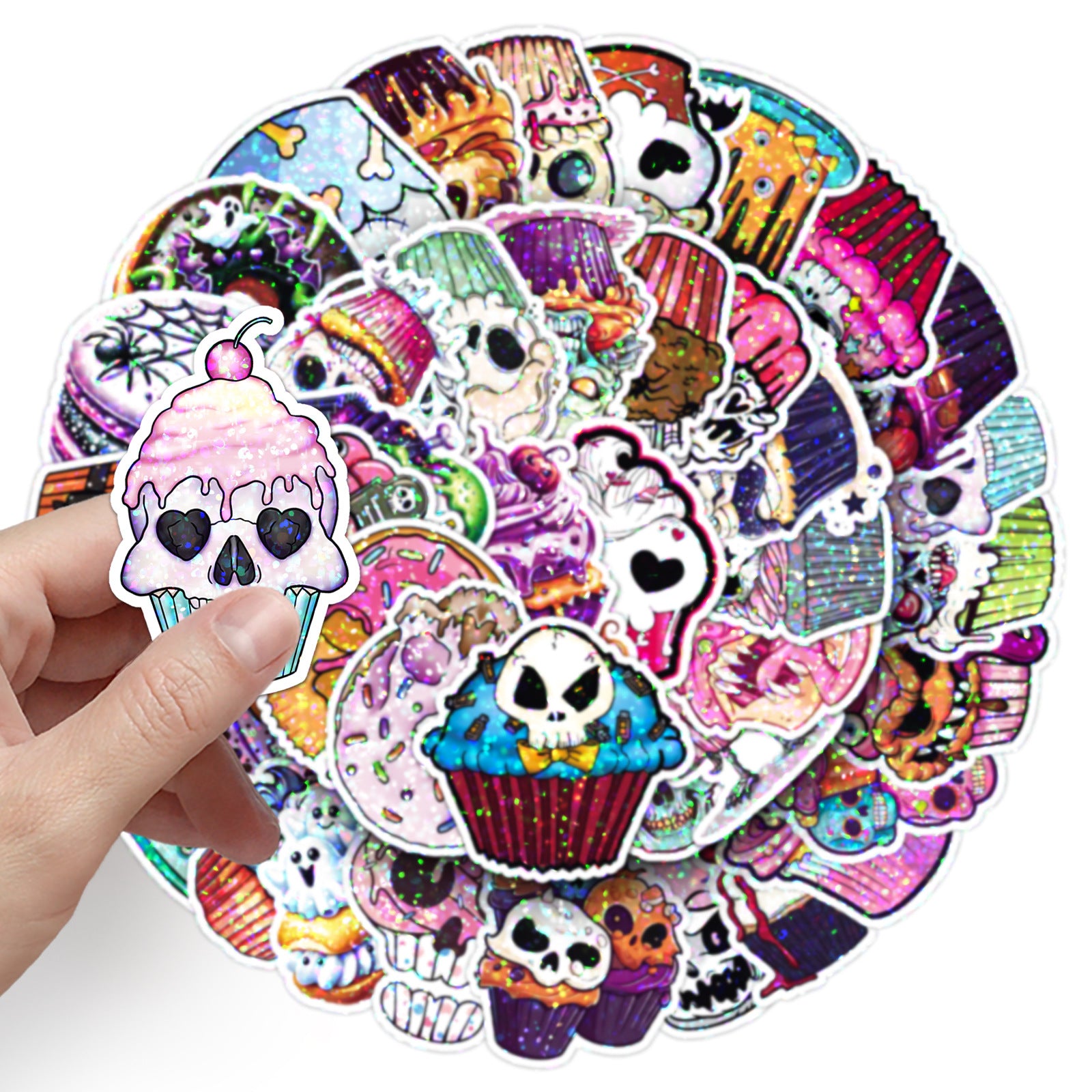 🎃 50 Pcs Halloween Holographic Stickers – Skull, Cake & DIY Designs Kawaii Stickers