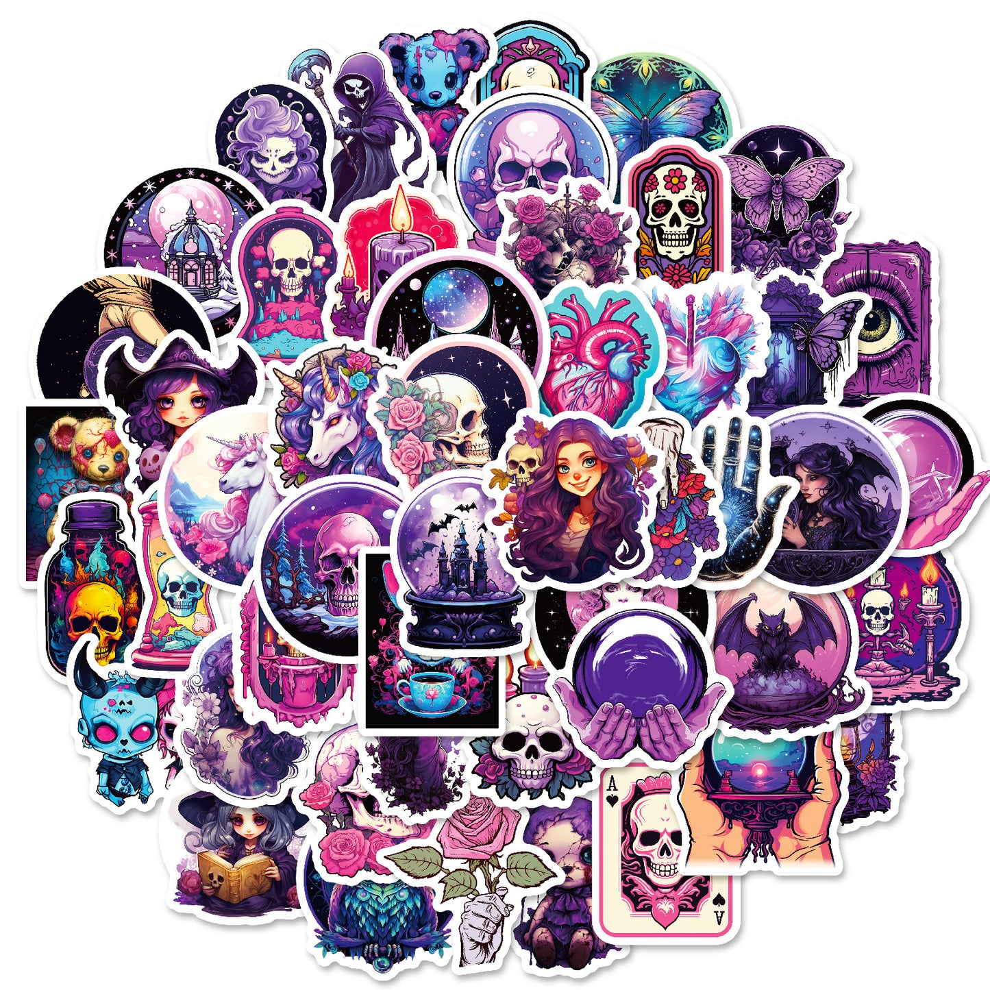 Halloween Stickers | 50pcs Purple Gothic Skull Halloween Sticker Pack