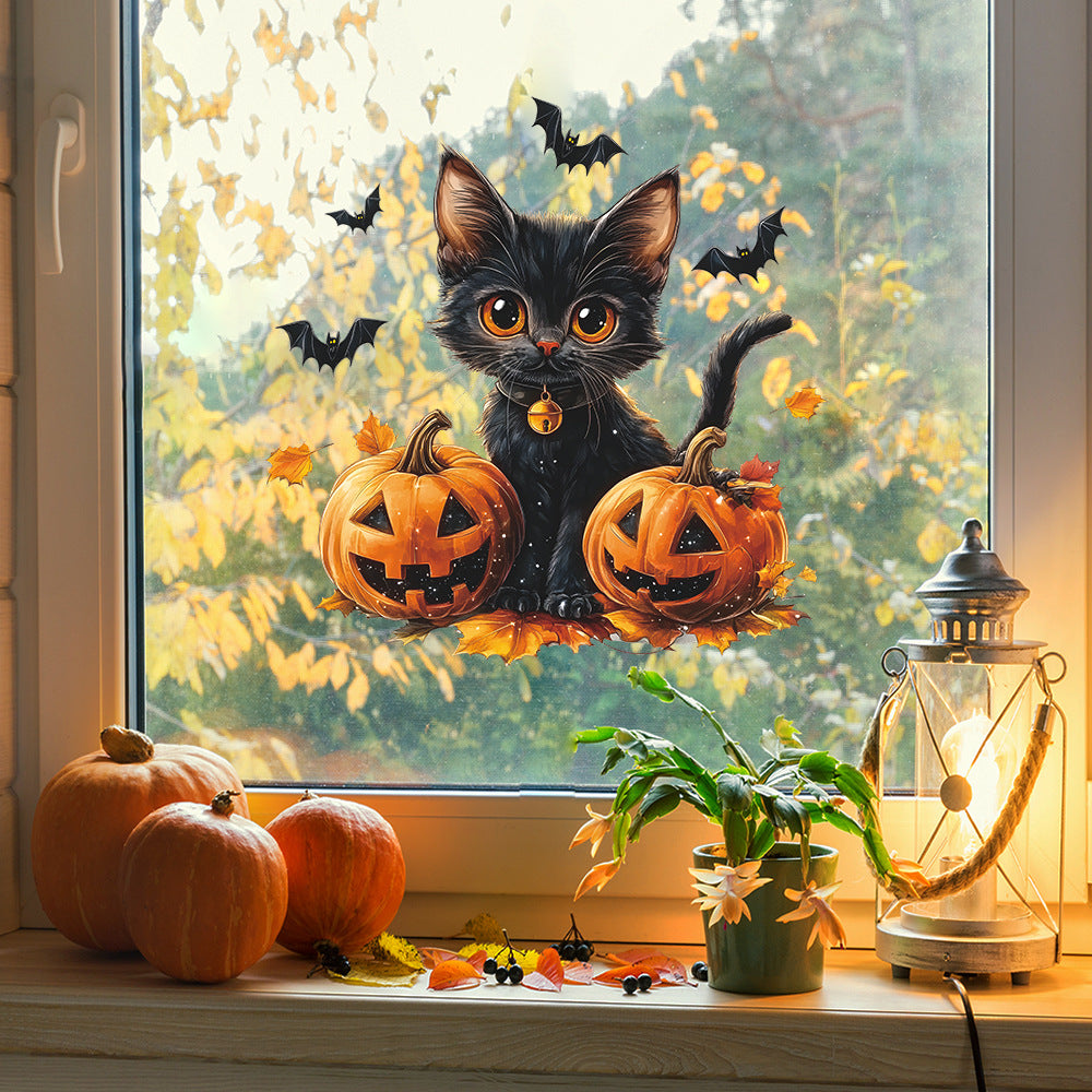 🎃 Halloween Black Cat & Pumpkin Electrostatic Window Sticker – No Glue Needed Kawaii Stickers