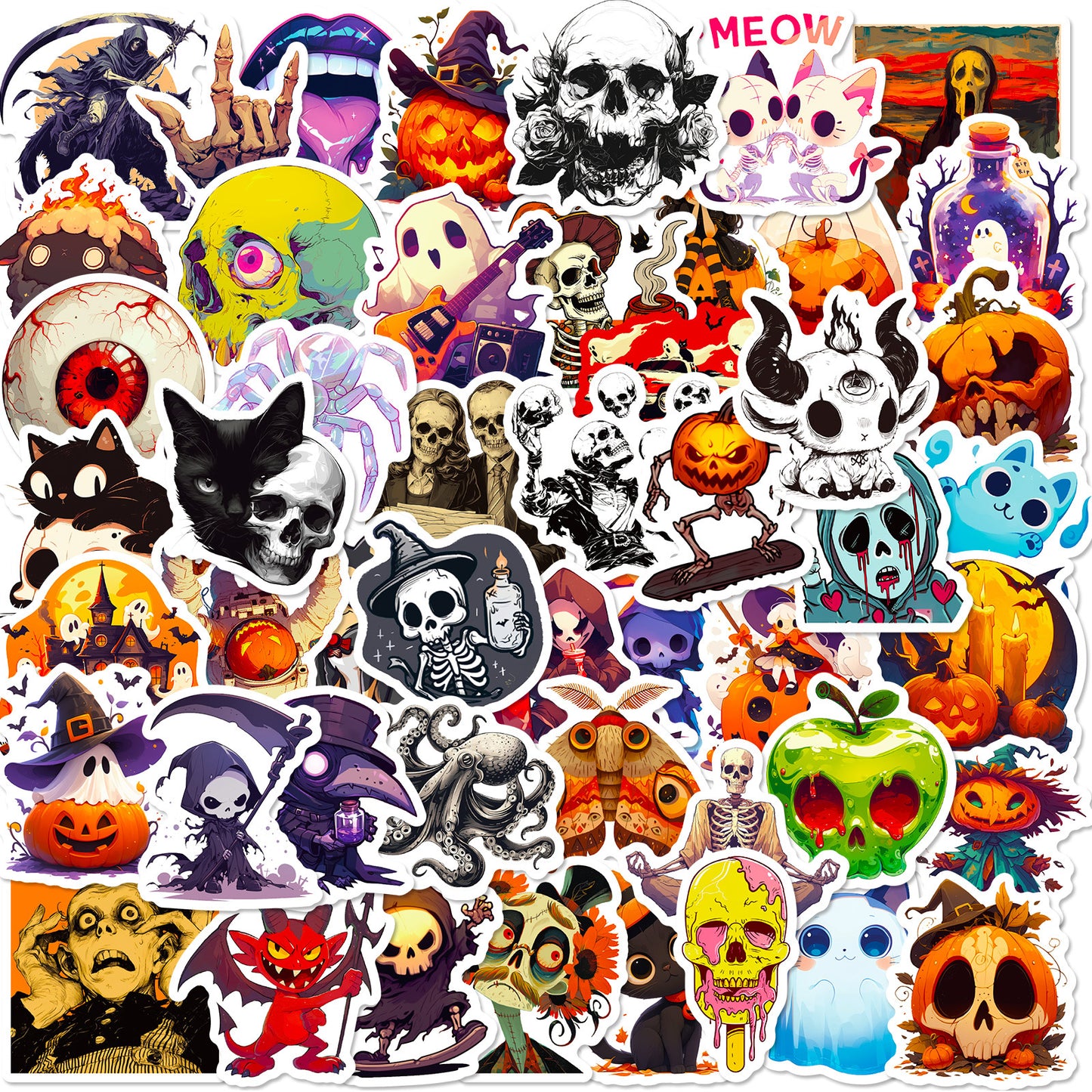 🎃 50 Halloween Stickers – Skulls, Pumpkins, Witches, Grim Reapers & Black Cats 🖤 Kawaii Stickers