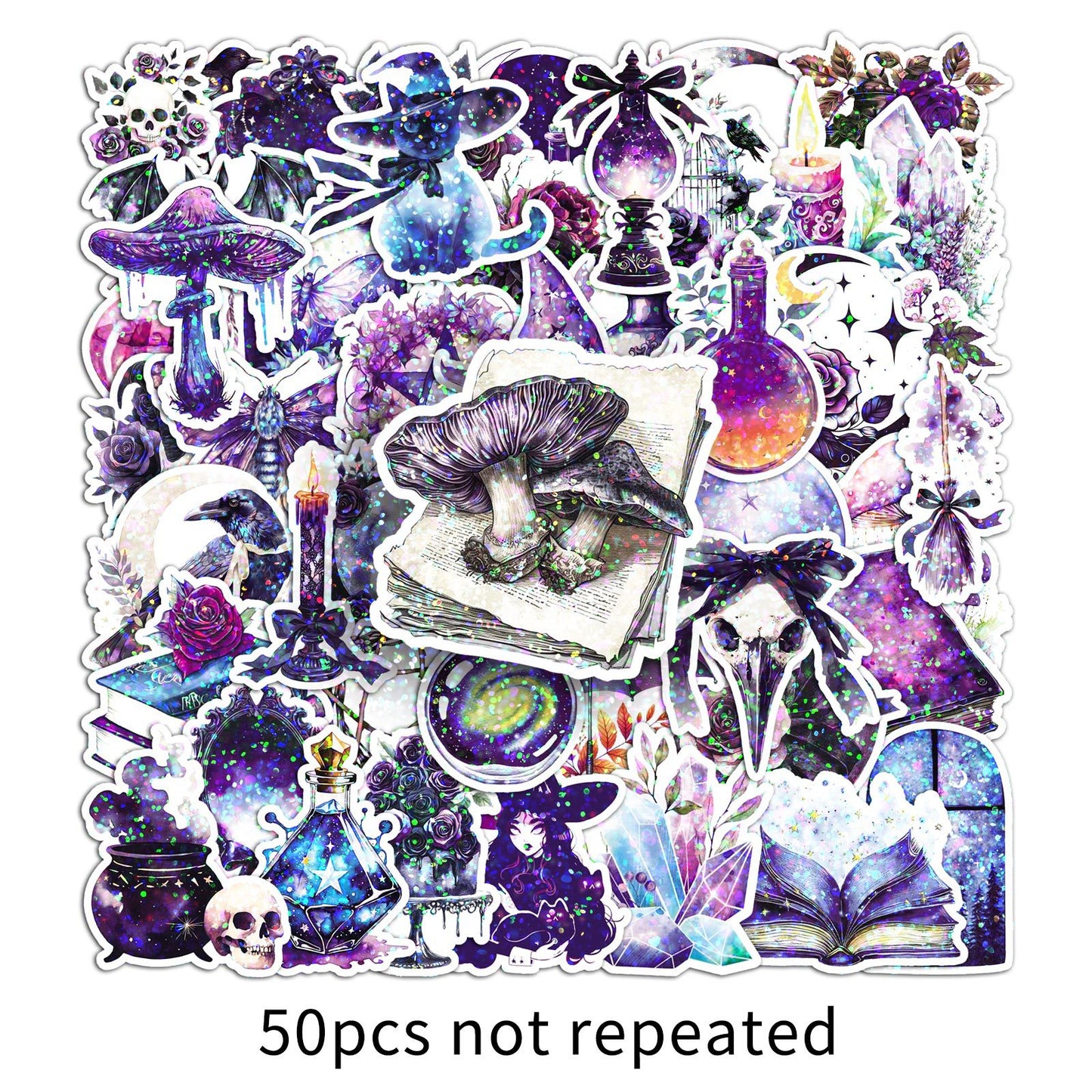 ✨ 50 pcs Holographic Stickers Halloween Witch Stickers – Magic Laser PVC Waterproof Set ✨🎃🧙‍♀️ 50pcs Witch Stickers Kawaii Stickers