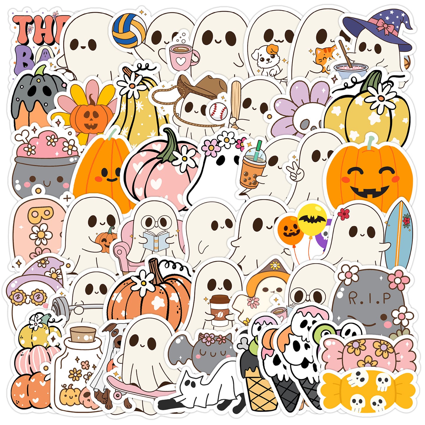 50pcs Halloween Ghost Graffiti Stickers – Waterproof Vinyl Stickers for Phones, Water Bottles, Laptops Kawaii Stickers
