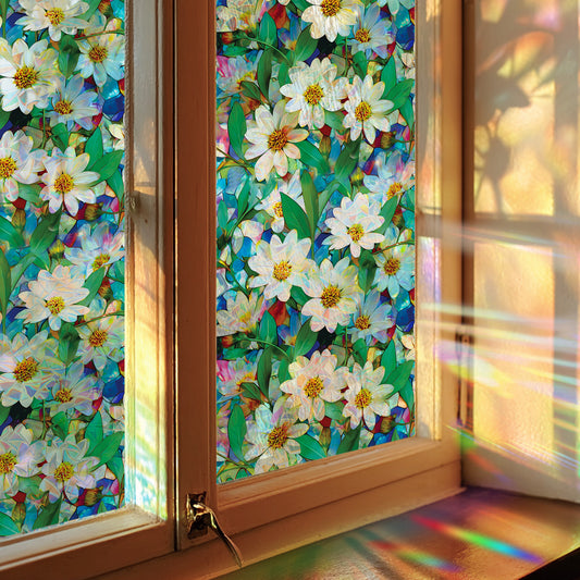 🌿 Holographic Fresh White Flowers & Green Leaves Window Stickers – Elegant Home Decor 🌿 Kawaii Stickers