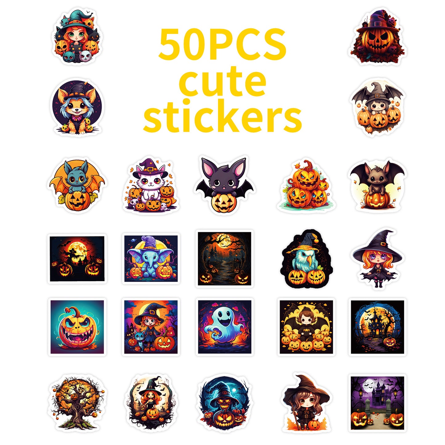 50pcs Halloween Pumpkin & Witch Stickers – Spooky Skull, Black Cat & Horror Doodle Decals Kawaii Stickers