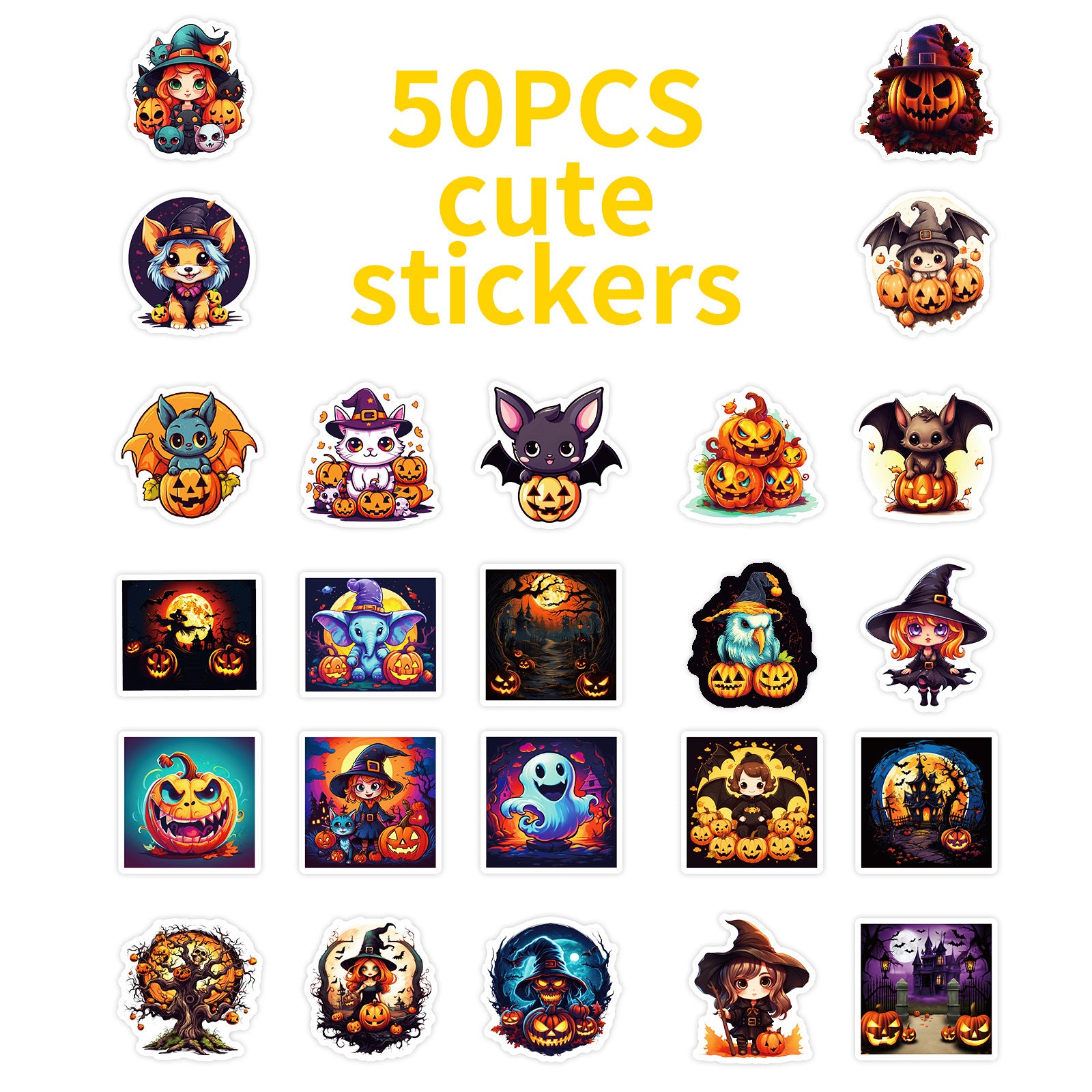 50pcs Halloween Pumpkin & Witch Stickers – Spooky Skull, Black Cat & Horror Doodle Decals Kawaii Stickers