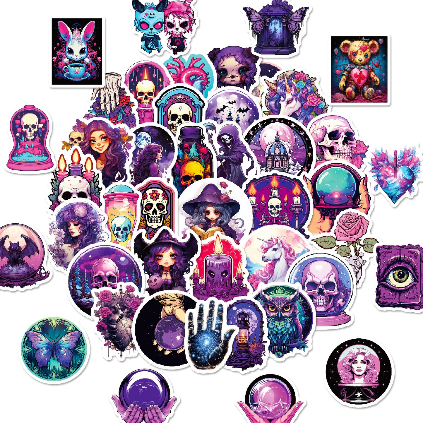 Halloween Stickers | 50pcs Purple Gothic Skull Halloween Sticker Pack