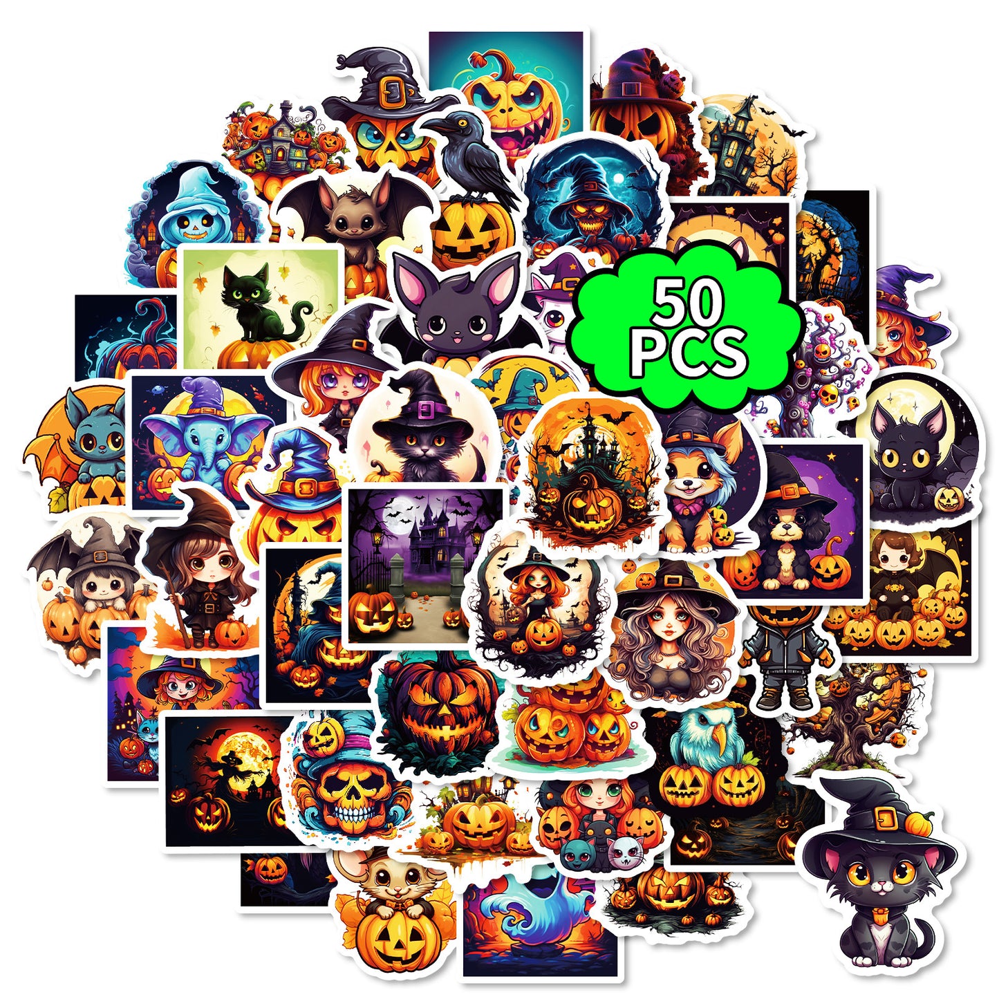 50pcs Halloween Pumpkin & Witch Stickers – Spooky Skull, Black Cat & Horror Doodle Decals Kawaii Stickers