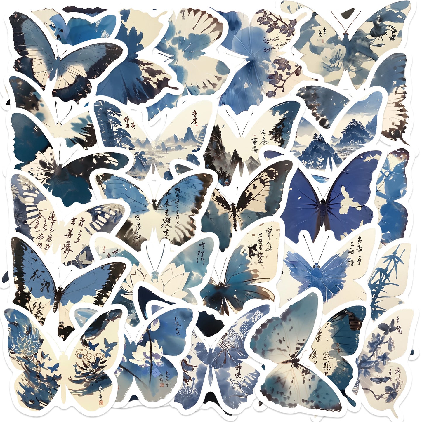 🦋🎨50pcs Ink-Style Butterfly Stickers Book | Waterproof PET Oriental Art Stickers for Journals, Notebooks, Water Cups ☕ & DIY Crafts Kawaii Stickers