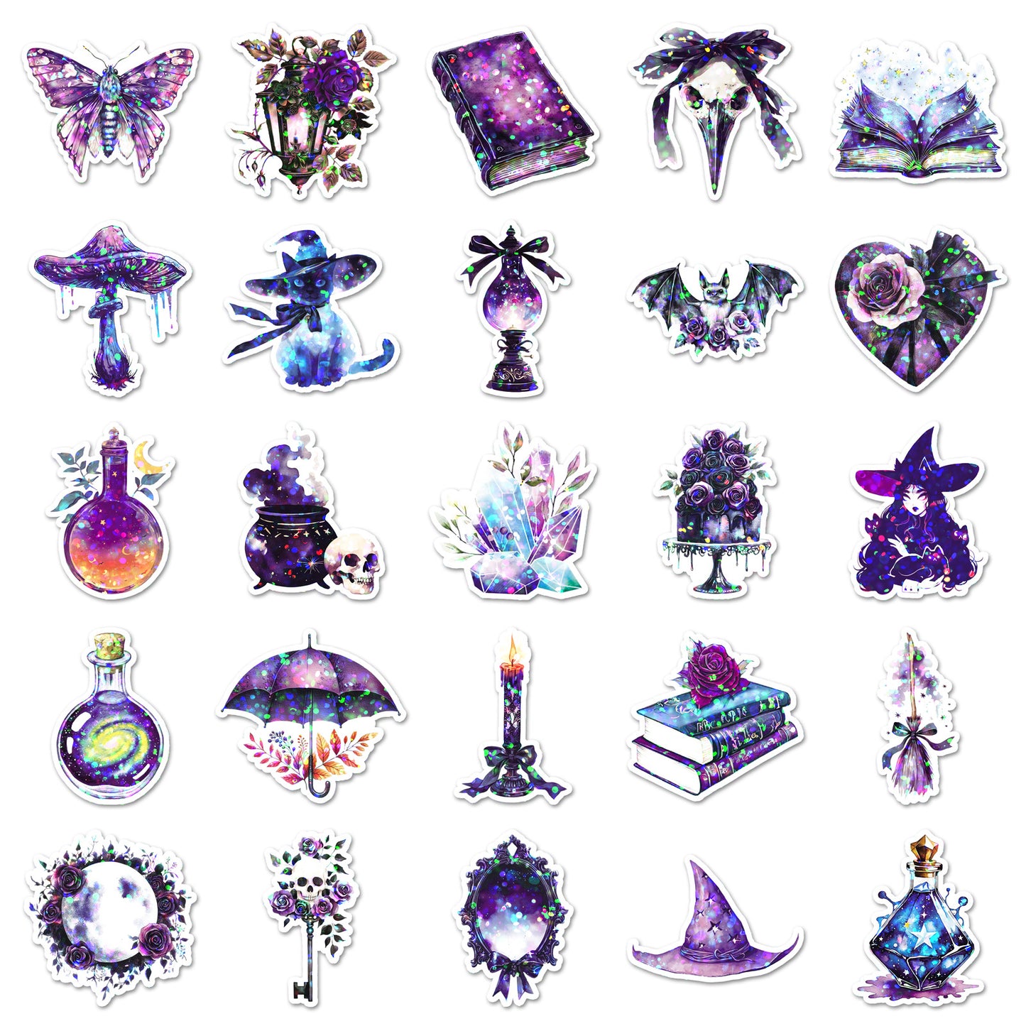 ✨ 50 pcs Holographic Stickers Halloween Witch Stickers – Magic Laser PVC Waterproof Set ✨🎃🧙‍♀️ Kawaii Stickers