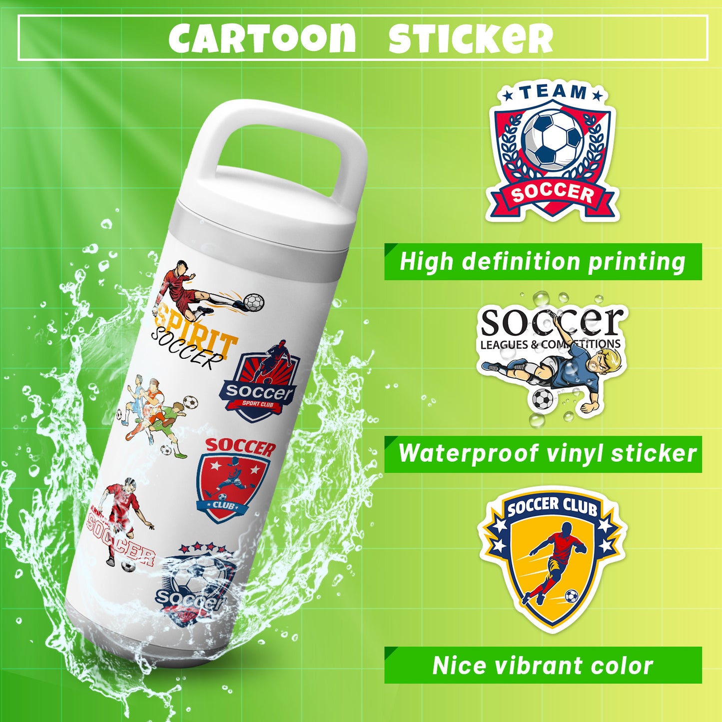 🌟 50PCS Green Soccer Stickers – Kids Football Decals Waterproof Laptop, Water Bottle & iPhone Stickers 2025 ⚽🎨 Kawaii Stickers