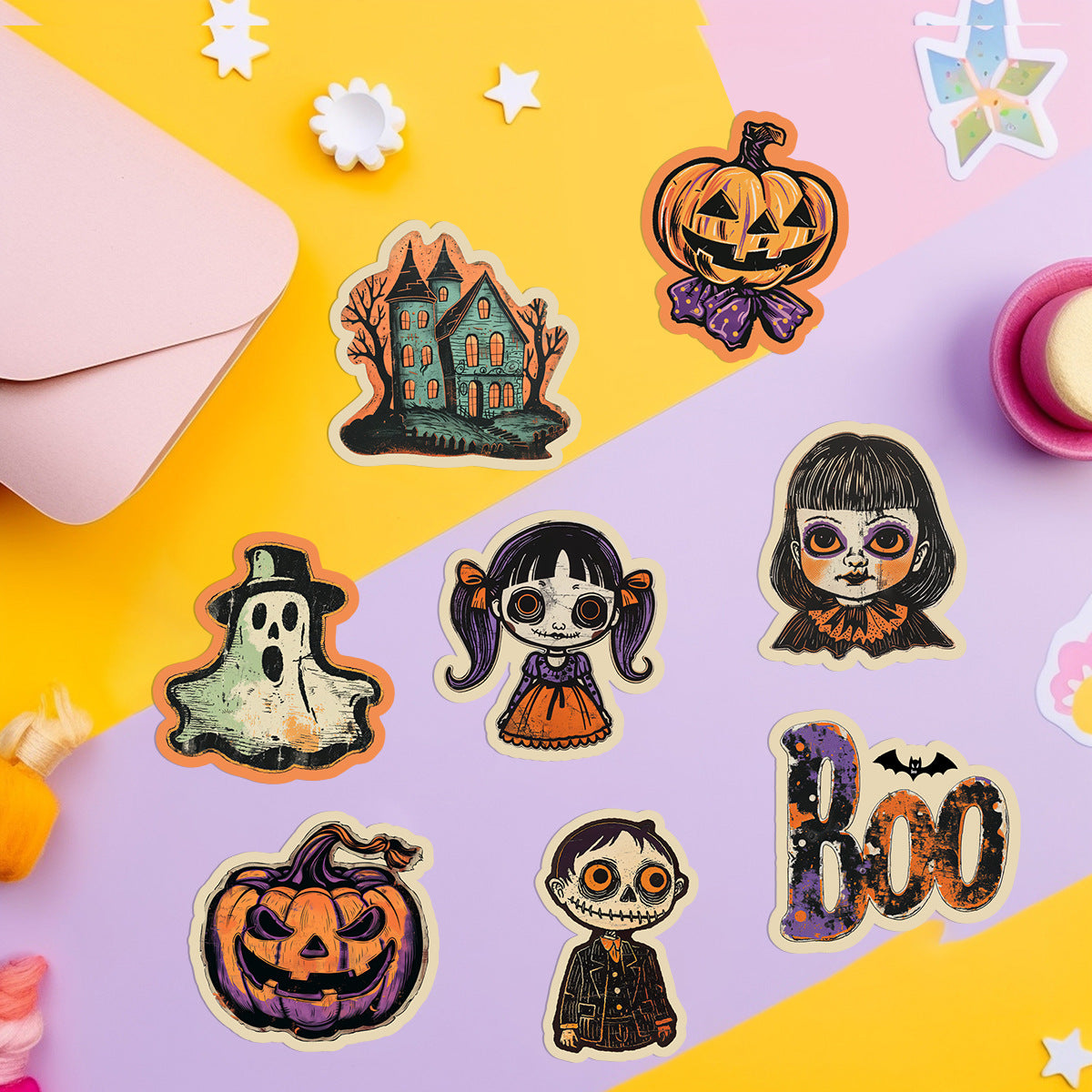 🎃 50pcs Vintage Halloween Stickers – Waterproof Retro PVC Vinyl Decals for Luggage, Water Bottle & Laptop Decoration Kawaii Stickers