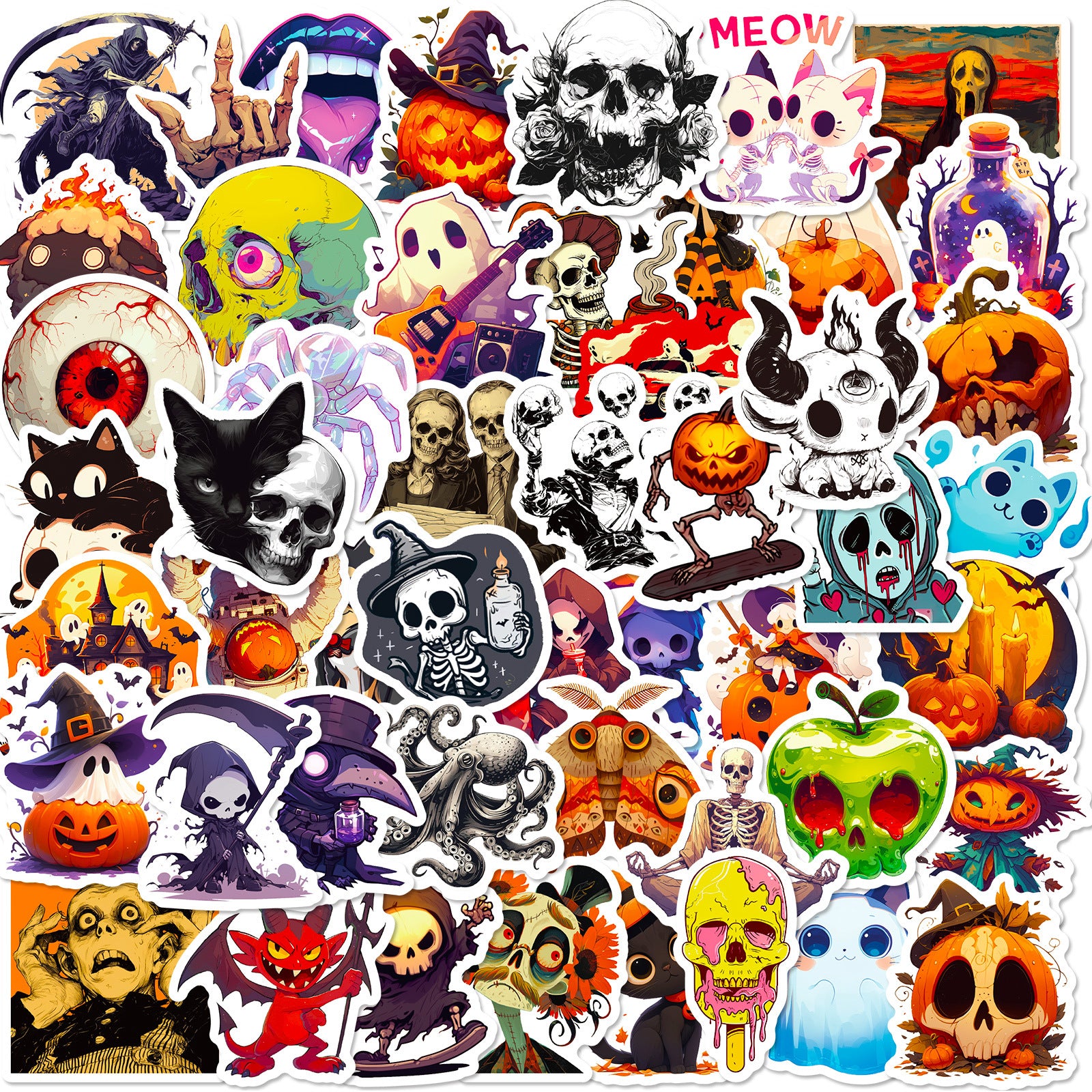 🎃 50 Halloween Stickers – Skulls, Pumpkins, Witches, Grim Reapers & Black Cats 🖤 Kawaii Stickers