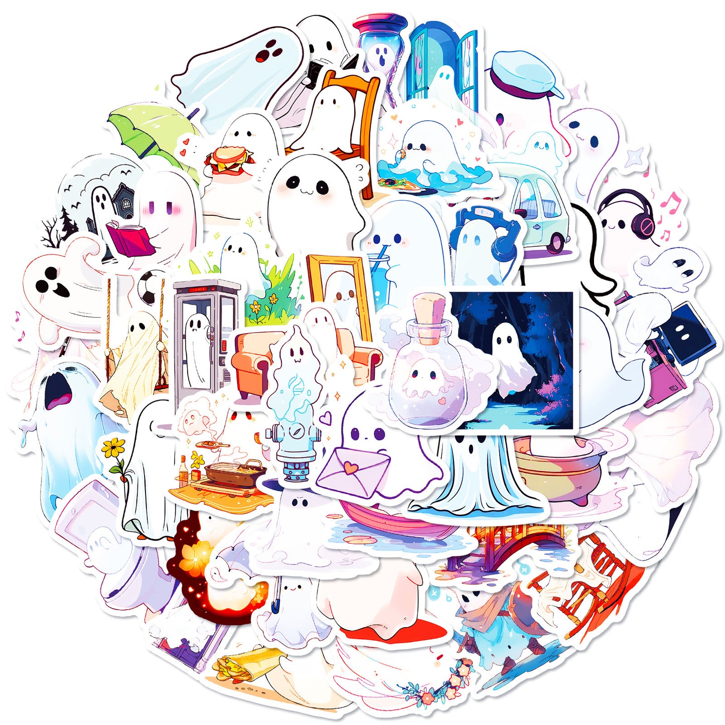 👻 Halloween Stickers – 50Pcs Cute White Ghost Waterproof Reward Stickers