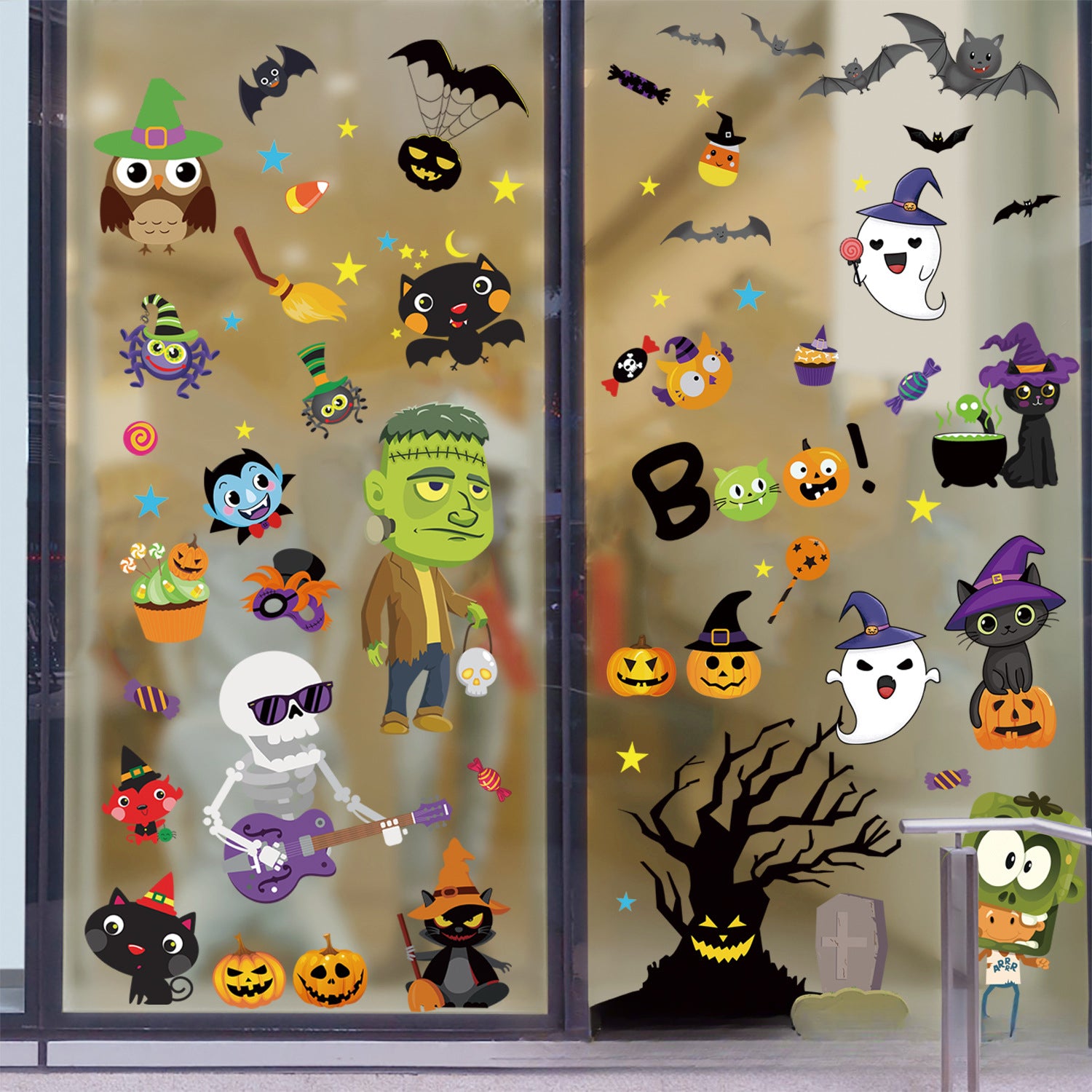 🎃 Halloween Window Stickers – Haunted House, Witch & Bat Static-Cling Decals – Double-Sided Print, Reusable Glass Wall Door Decorations Kawaii Stickers