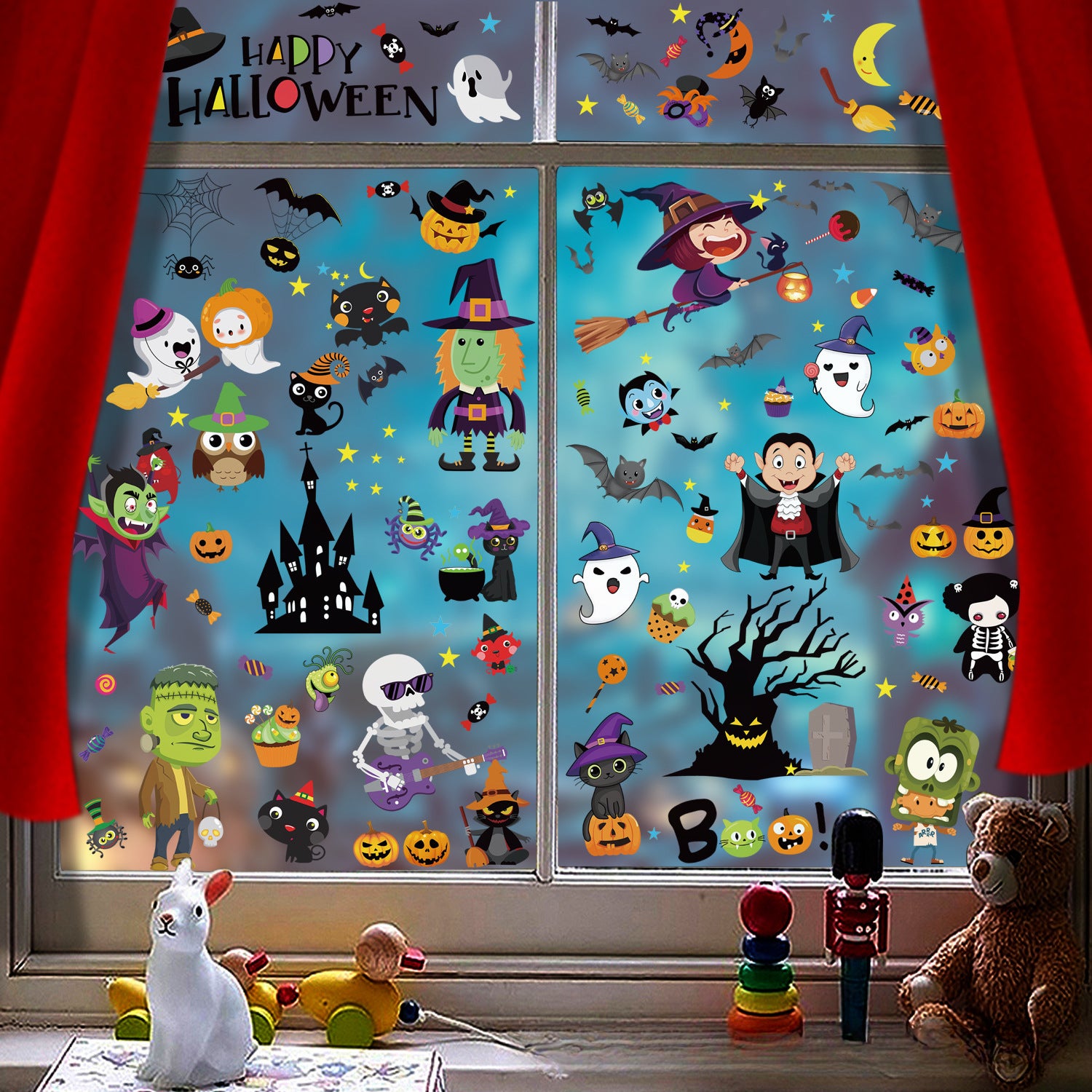 🎃 Halloween Window Stickers – Haunted House, Witch & Bat Static-Cling Decals – Double-Sided Print, Reusable Glass Wall Door Decorations Kawaii Stickers
