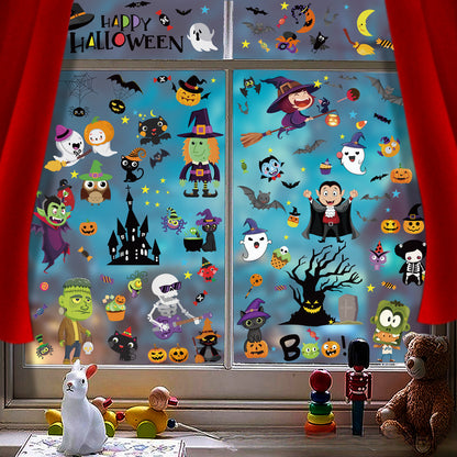 🎃 Halloween Window Stickers – Haunted House, Witch & Bat Static-Cling Decals – Double-Sided Print, Reusable Glass Wall Door Decorations Kawaii Stickers