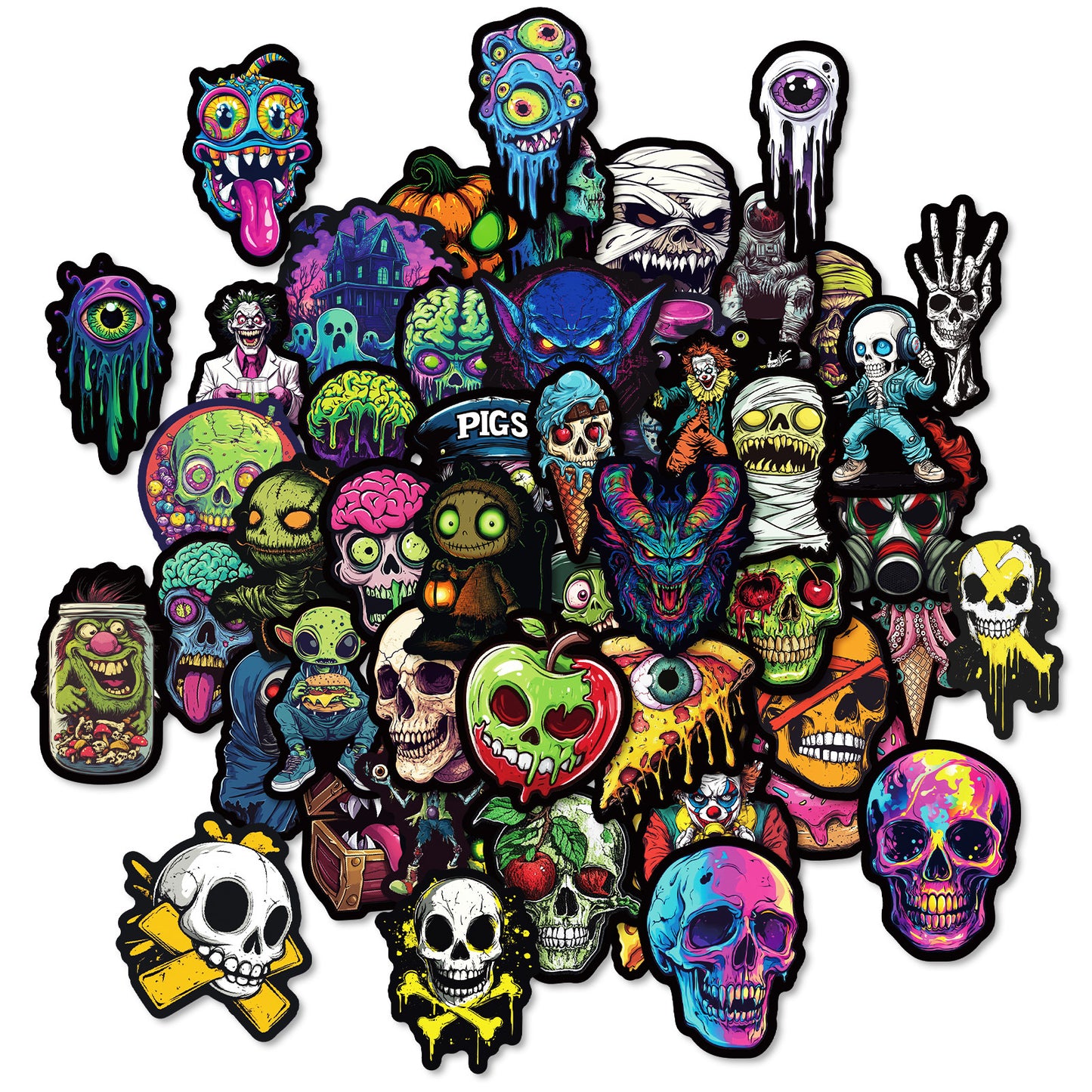 50pcs Colorful Skull Stickers – Halloween Festival Decoration Vinyl Decals Kawaii Stickers