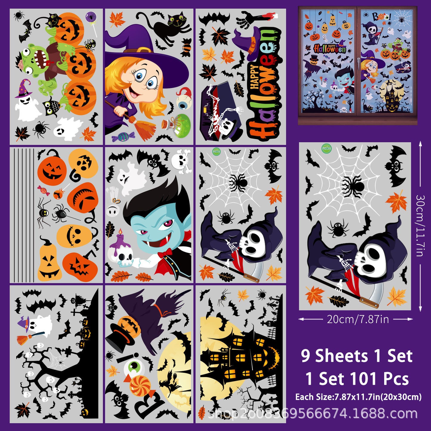 🎃 Halloween Window Stickers – Party Décor with Pumpkins, Spiders & Ghosts – Static-Cling Double-Sided Glass Decals for Windows, Doors & Walls Kawaii Stickers