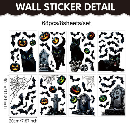 Halloween Window Stickers – Black Cat, Bat & Pumpkin PVC Wall Decals – Happy Halloween Stickers for Glass & Walls – Kawaii Stickers Halloween-3 20*30cm8pcs Kawaii Stickers