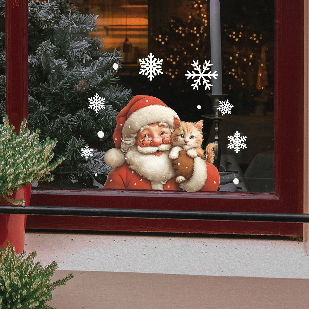 🎅 Christmas Santa Claus Snowflakes & Cat Window Stickers – Static Cling PVC ❄️🐱 Kawaii Stickers
