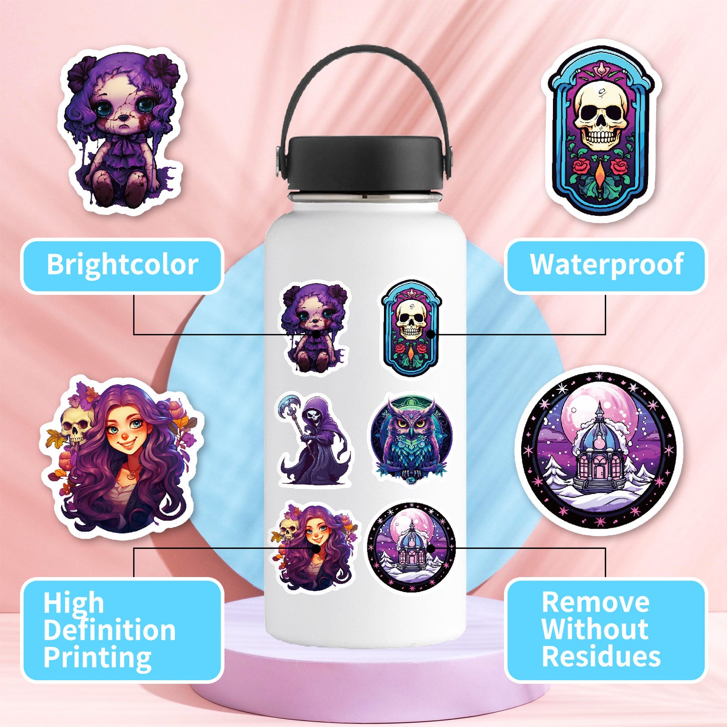 Halloween Stickers | 50pcs Purple Gothic Skull Halloween Sticker Pack