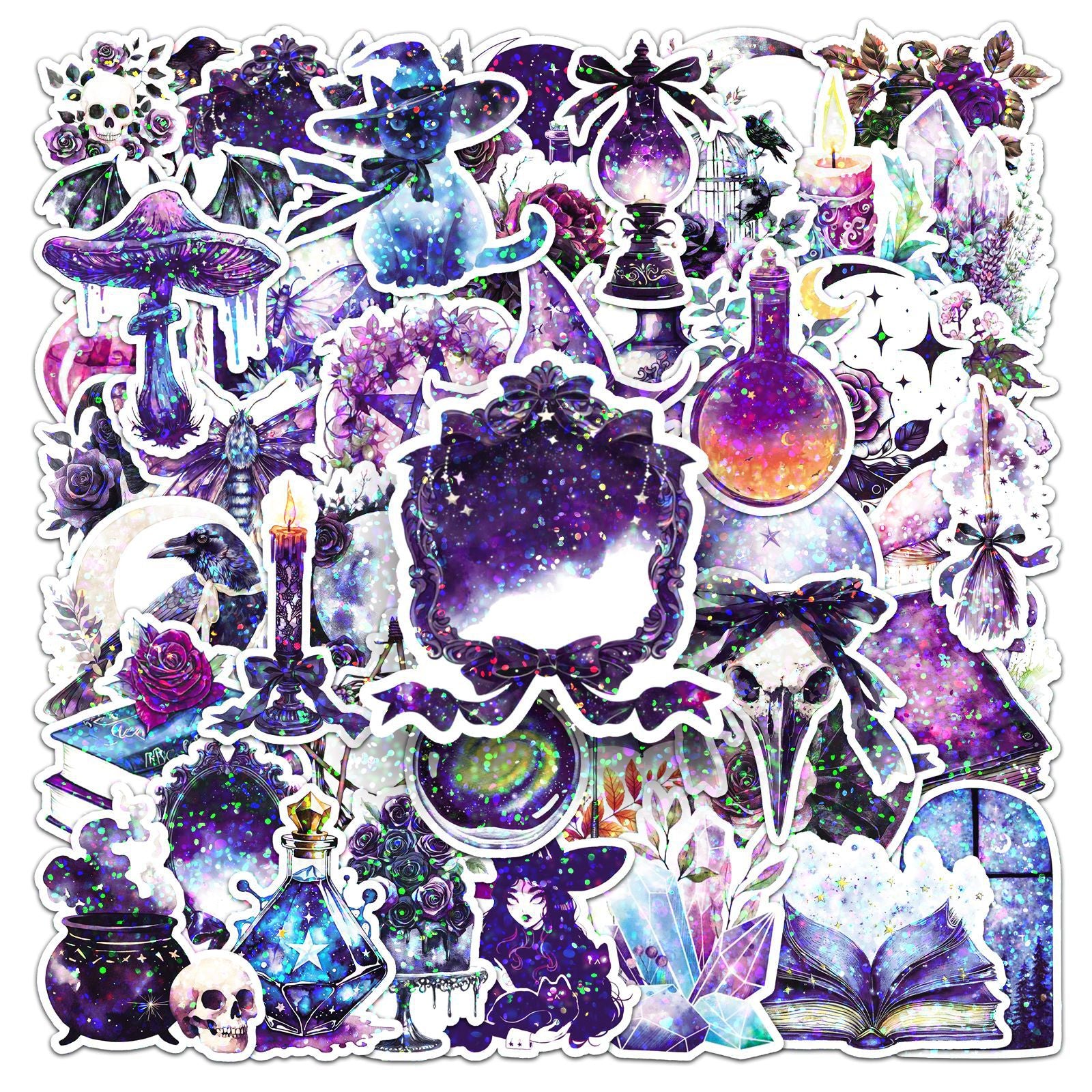 ✨ 50 pcs Holographic Stickers Halloween Witch Stickers – Magic Laser PVC Waterproof Set ✨🎃🧙‍♀️ Kawaii Stickers