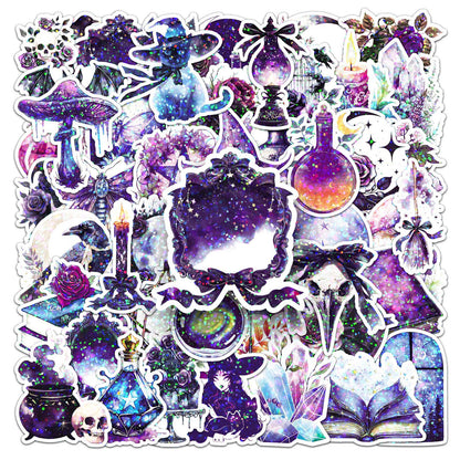 ✨ 50 pcs Holographic Stickers Halloween Witch Stickers – Magic Laser PVC Waterproof Set ✨🎃🧙‍♀️ Kawaii Stickers