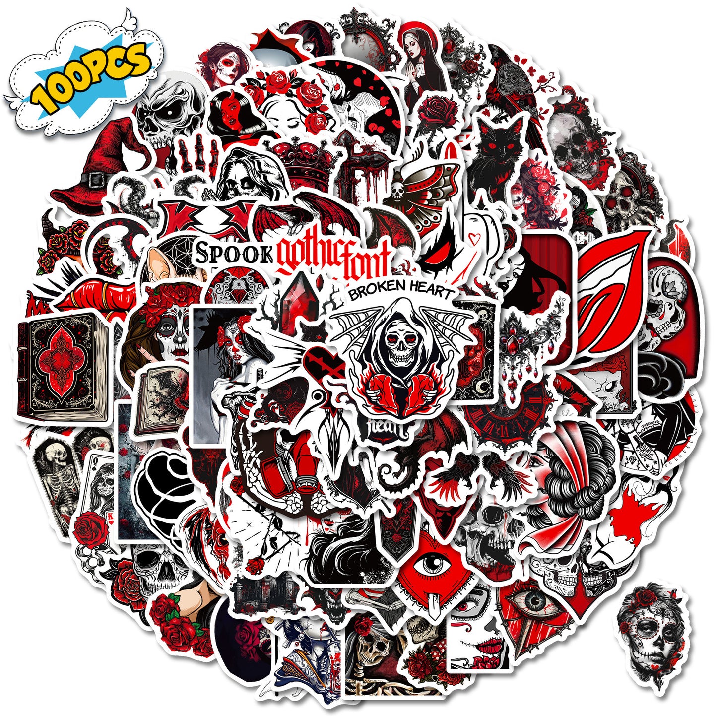 🎃 Halloween Stickers | 100 Gothic Red Waterproof Halloween Sticker Set