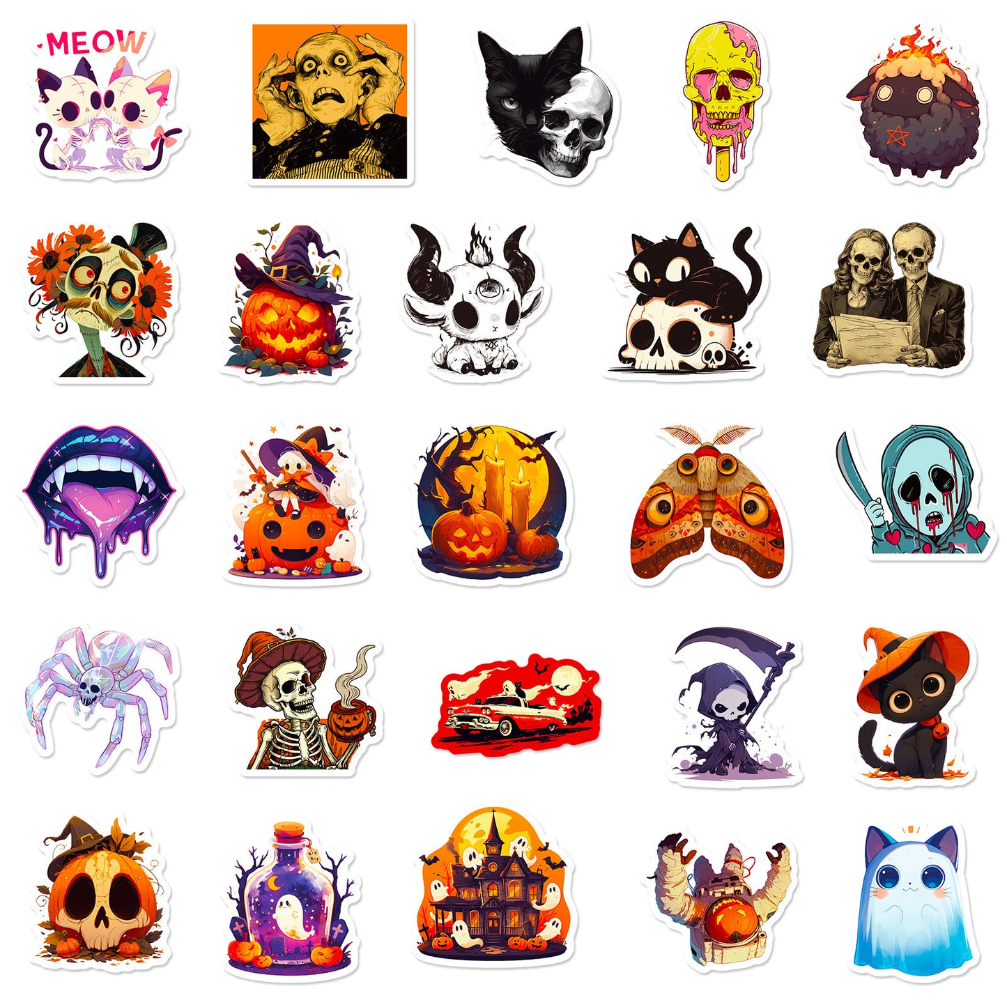 50pcs Halloween Stickers – Skulls, Pumpkins, Witches, Grim Reapers, Black Cats & Cute Doodle Decals Kawaii Stickers